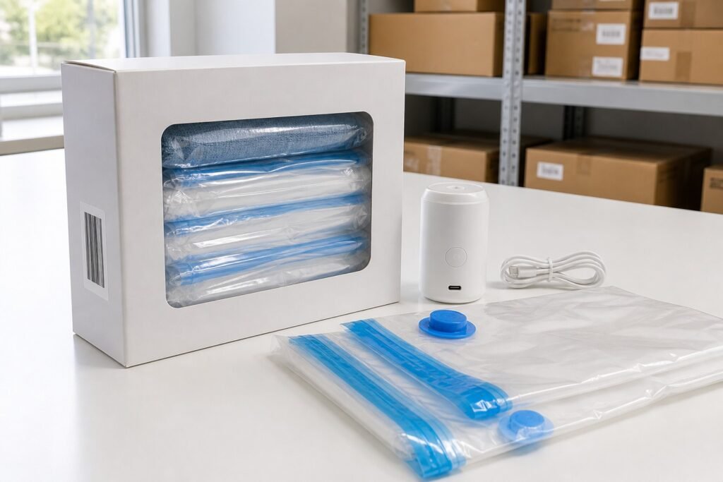 FBA-ready vacuum bag gift box with FNSKU label and electric pump