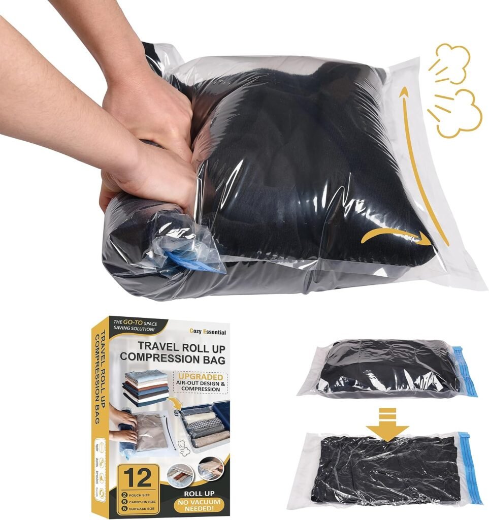 Travel compression roll bag set with custom blue tint