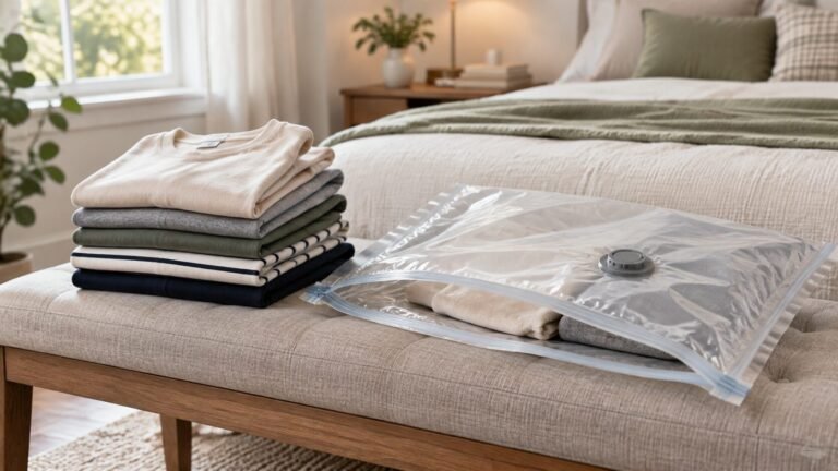 Folded winter clothes beside vacuum storage bags on a bed