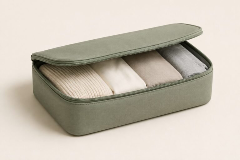 Open green packing cube holding folded clothing