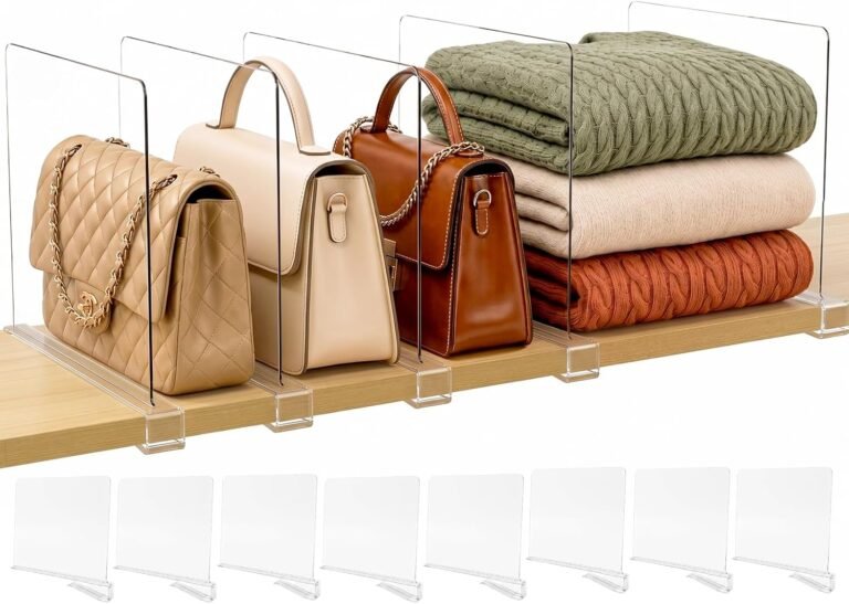 Shelf dividers separating handbags and folded sweaters