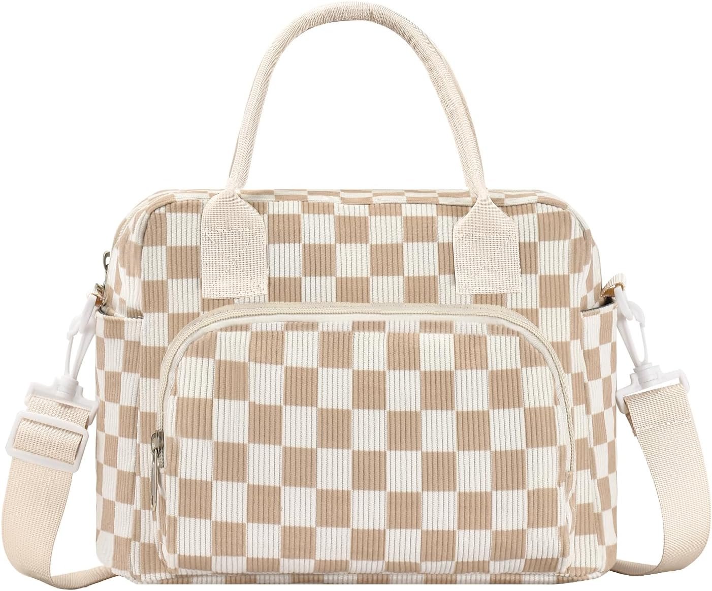 Beige checkered lunch bag with handles and a shoulder strap
