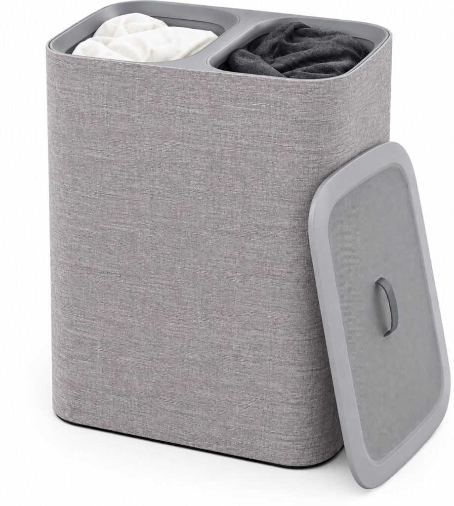 Gray rectangular laundry hamper with its lid removed