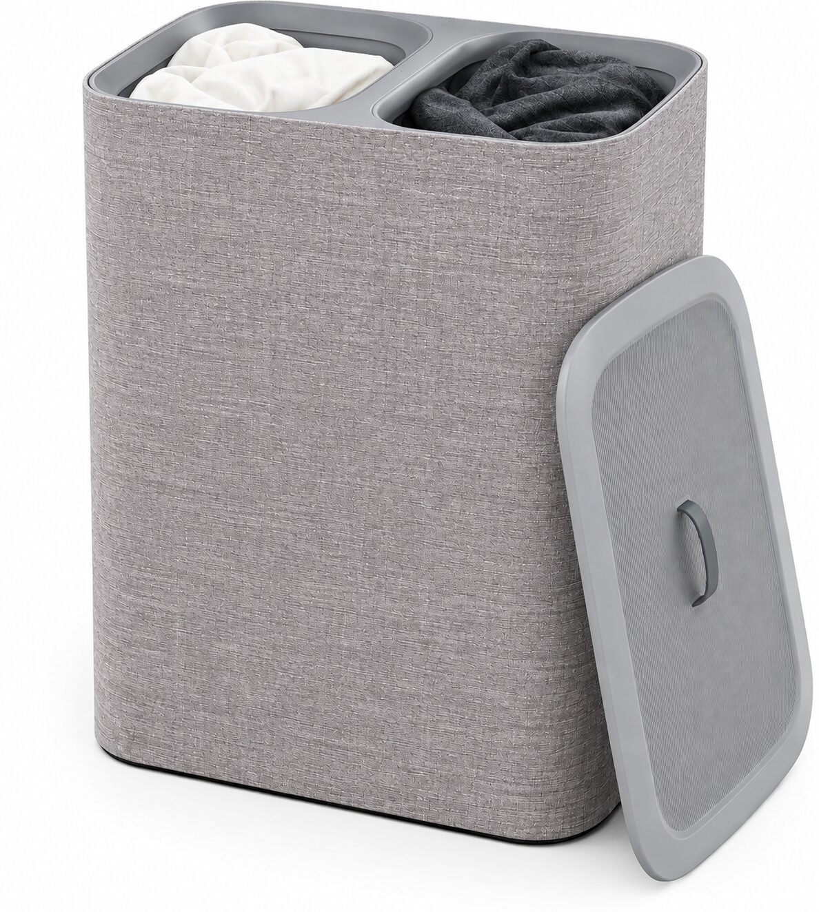 Gray rectangular laundry hamper with its lid removed