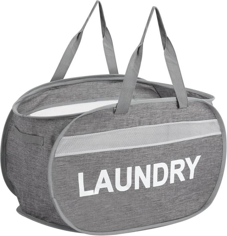 Gray laundry tote with long handles and a LAUNDRY label