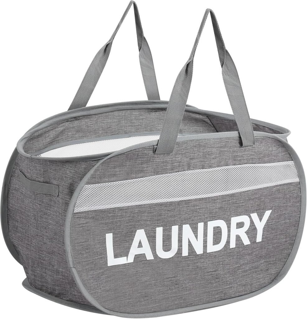 Gray laundry tote with long handles and a LAUNDRY label
