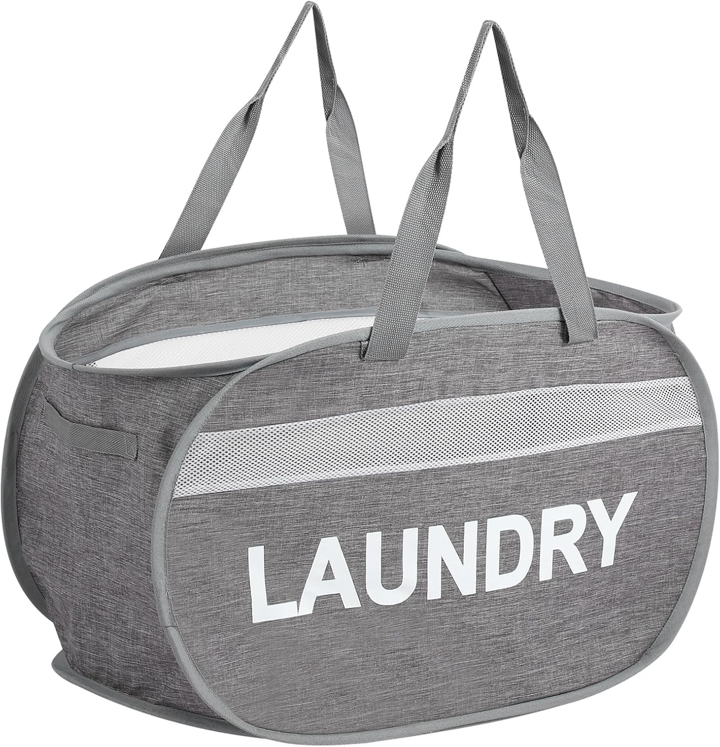 Gray laundry tote with long handles and a LAUNDRY label