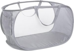 Gray collapsible mesh laundry basket with handles