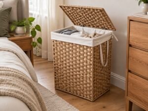 Woven laundry hamper with a fabric liner beside a chair