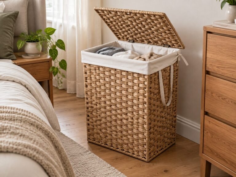 Woven bamboo-look hamper with its lid open beside a bed