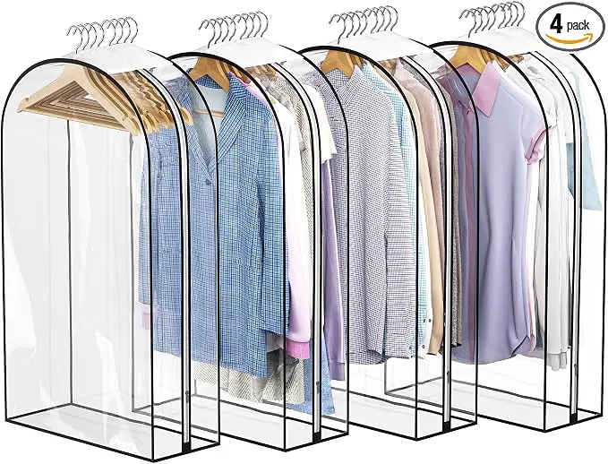 Clear garment covers arranged on a clothes rail