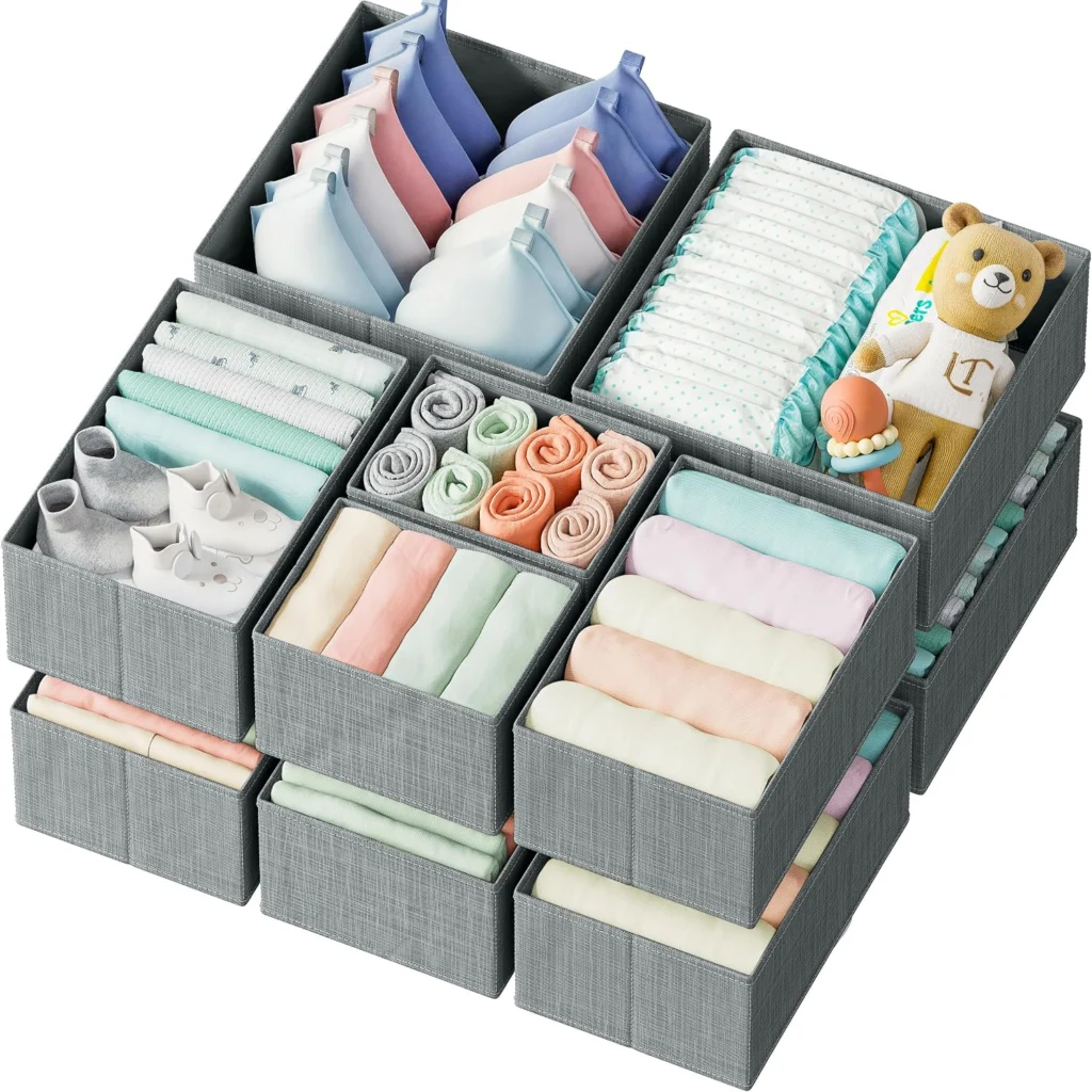 Fabric drawer organizers holding socks and folded clothing