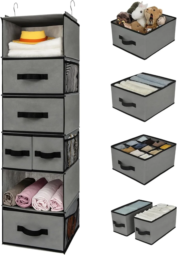 Hanging closet organizer with removable fabric drawers