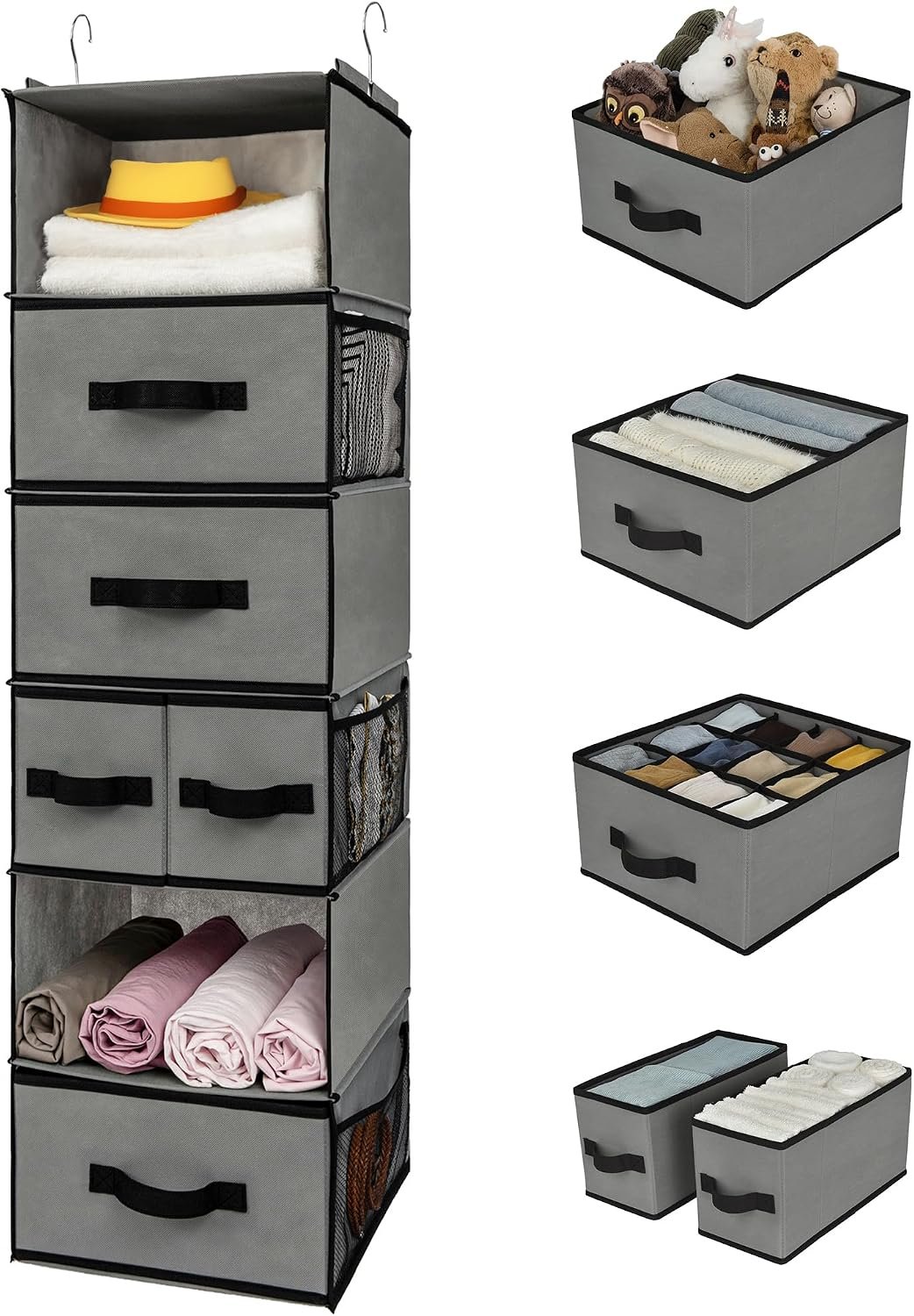 Hanging closet organizer with removable fabric drawers