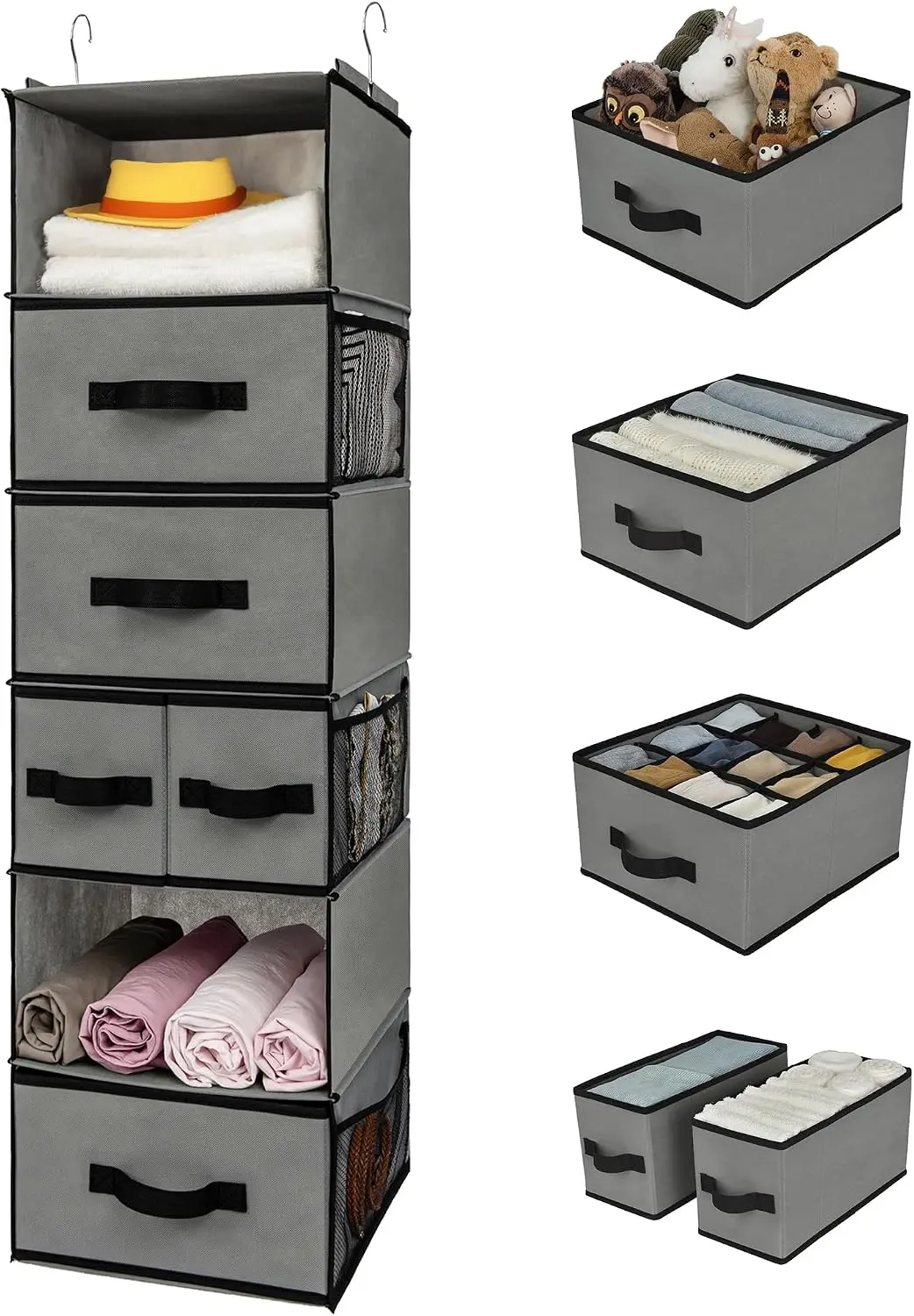 Hanging closet organizer with removable fabric drawers