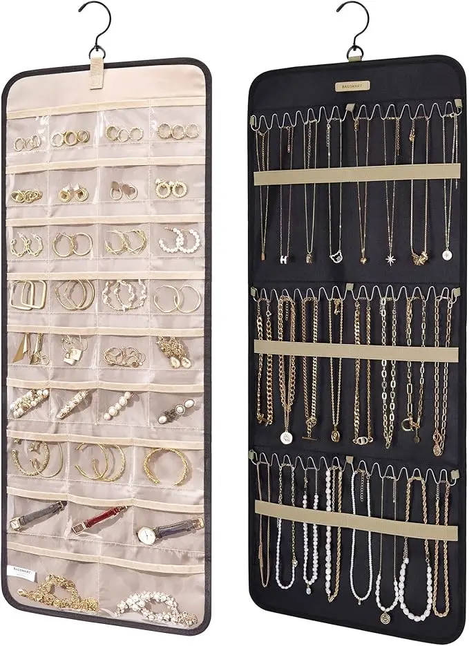 Hanging jewelry organizers with clear pockets and necklace loops