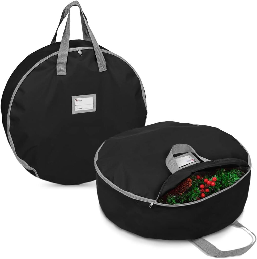 Black round wreath bags shown closed and open