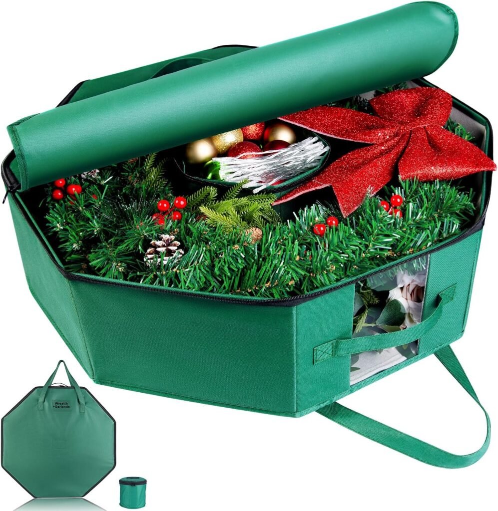 Green rectangular wreath storage case with carrying handles
