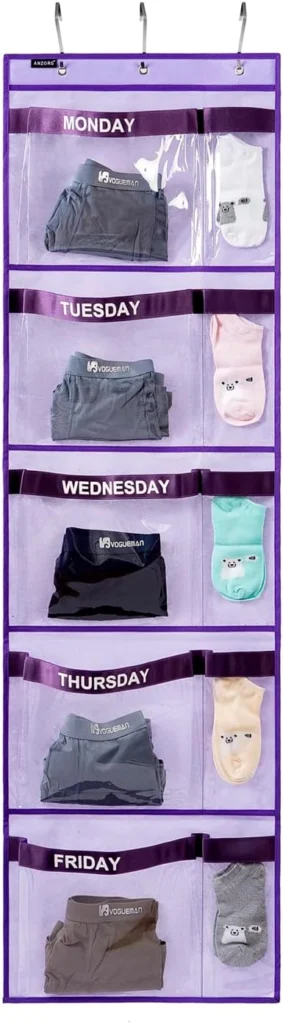 Purple hanging weekly clothing organizer with separate compartments