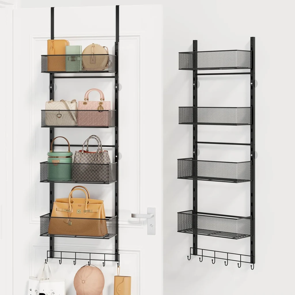 Hanging handbag organizers shown over a door