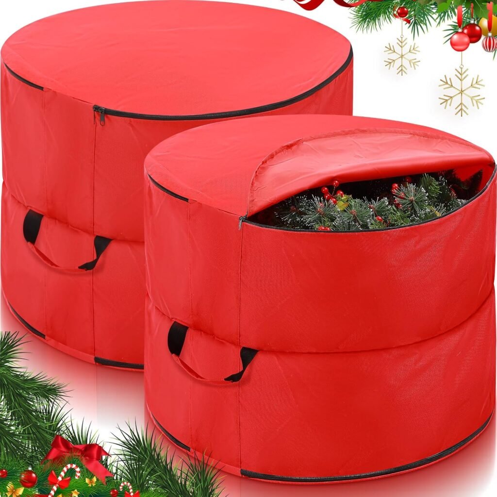 Red wreath storage bags stacked in several sizes