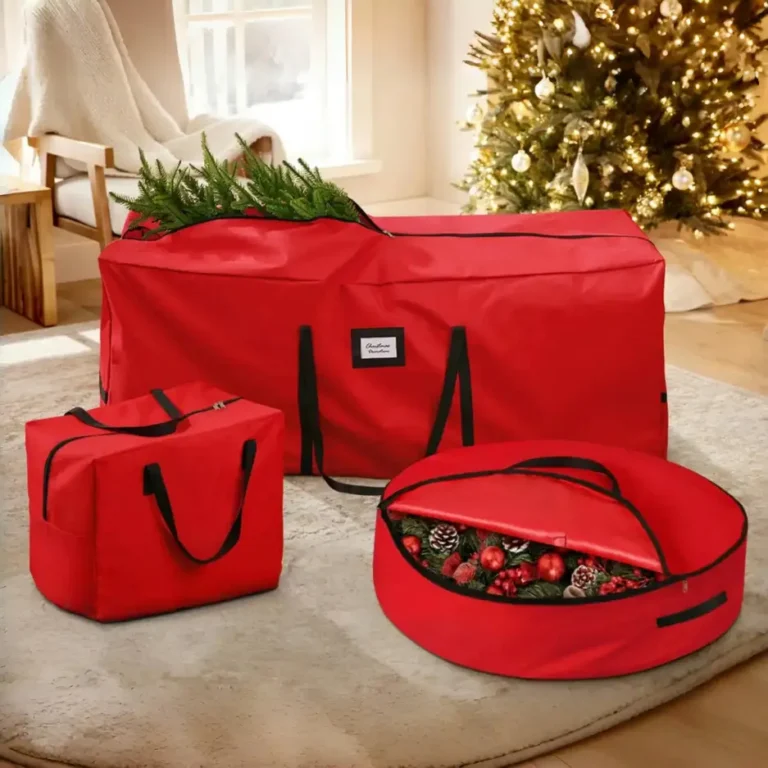 Coordinated red Christmas storage bags including tree, wreath and accessory storage formats