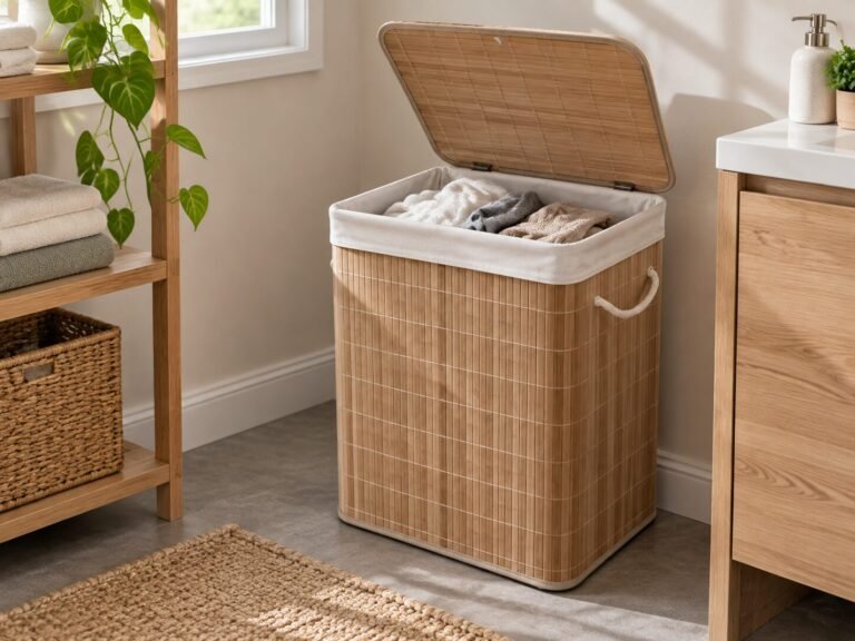 Bamboo laundry basket with a lid in a bedroom