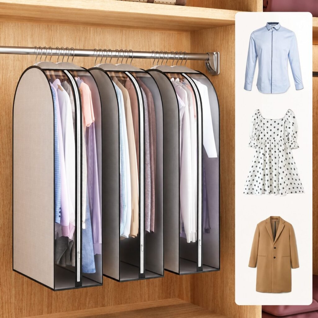 Hanging garment covers arranged inside a wardrobe