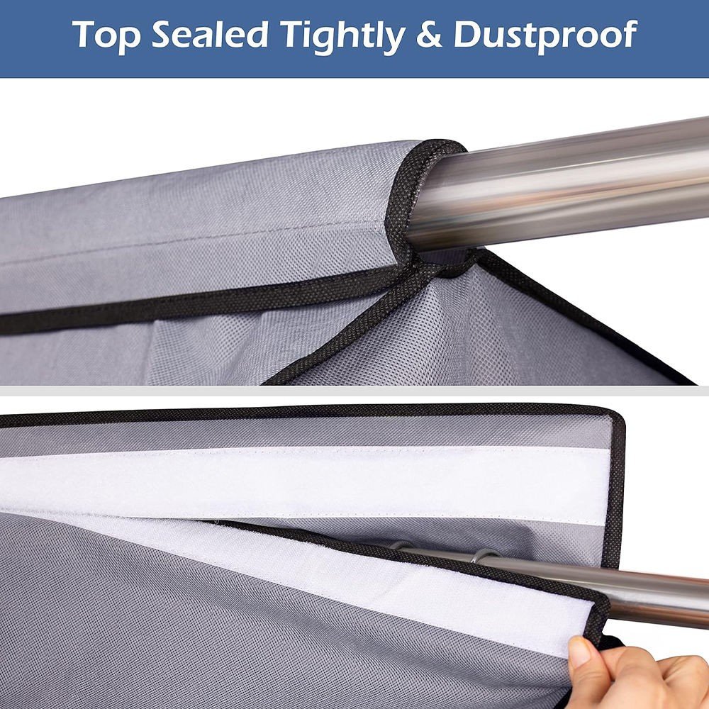 Top sealing mechanism showing hook-and-loop closure wrapping around the wardrobe rail on a grey garment cover