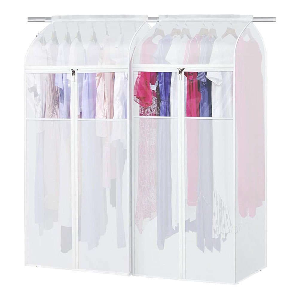 Clear-panel garment storage covers hanging on a wardrobe rail