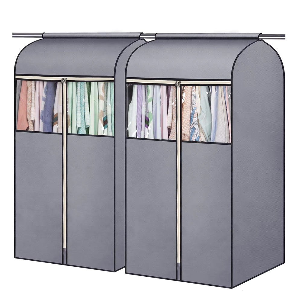 Grey wardrobe garment covers with clear viewing windows and front zipper opening