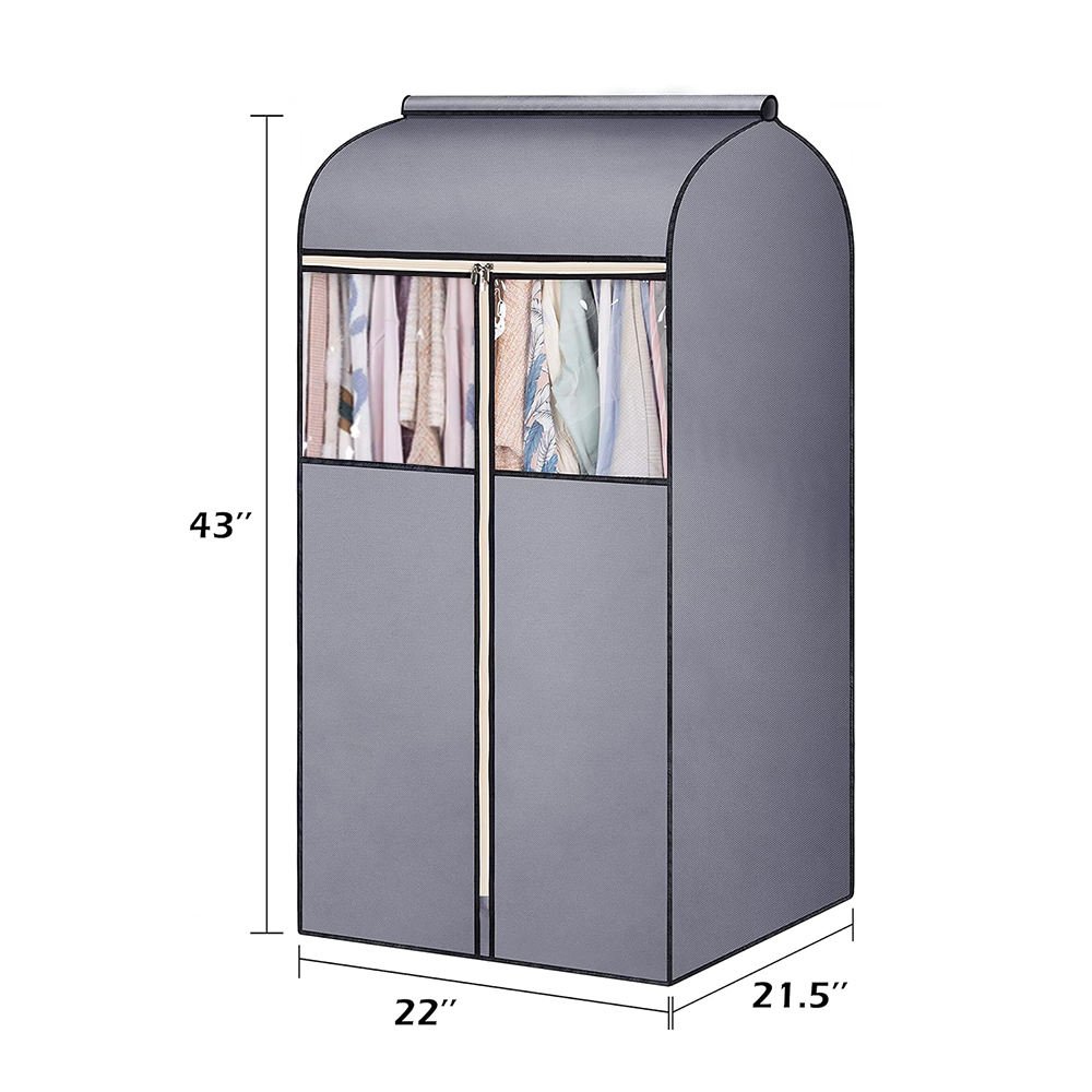 Open grey garment cover with width, depth and height marked