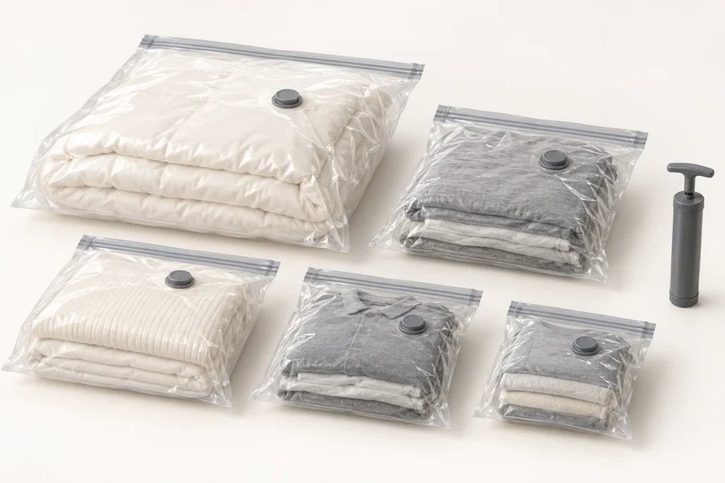 AI-generated illustration of five vacuum storage bags for clothing and bedding with an optional manual hand pump.
