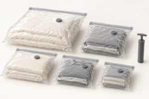 AI-generated illustration of five vacuum storage bags for clothing and bedding with an optional manual hand pump.