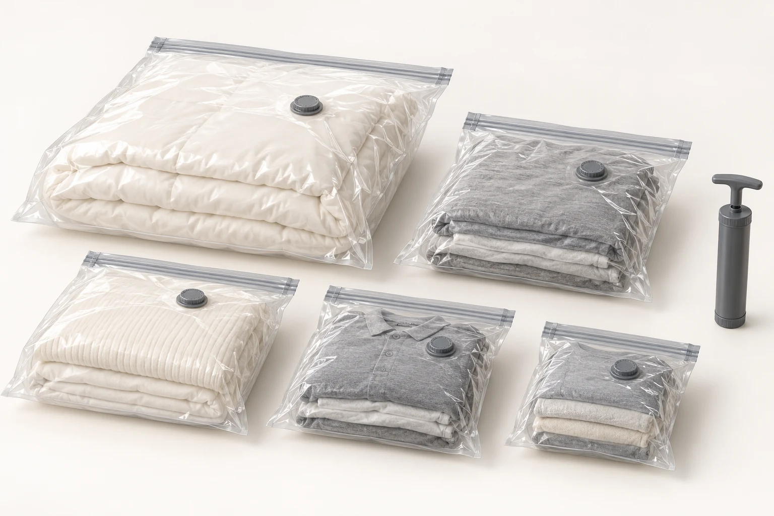 AI-generated illustration of five vacuum storage bags for clothing and bedding with an optional manual hand pump.