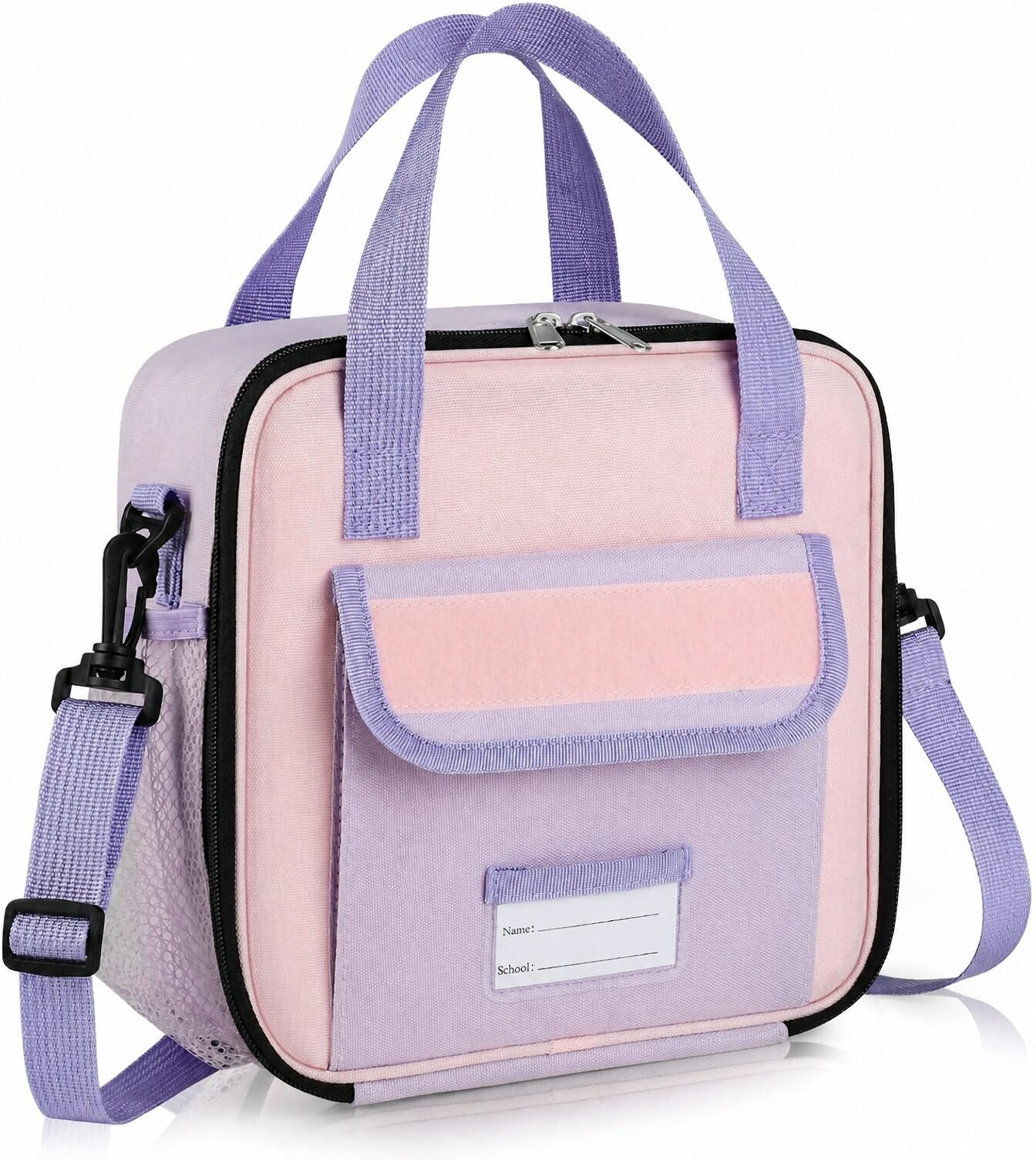 Purple and pink lunch bag with a front pocket and shoulder strap
