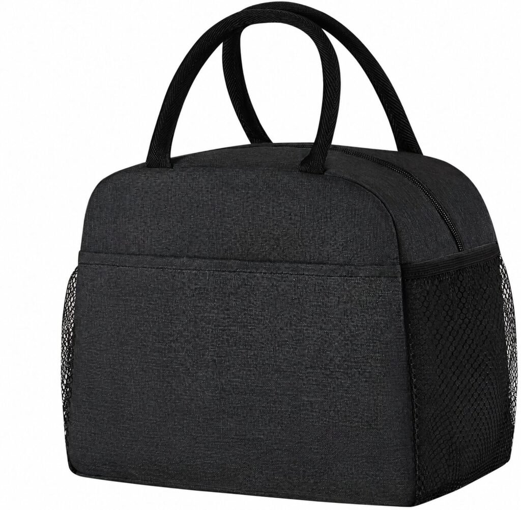 Black lunch bag with two carrying handles and a front pocket
