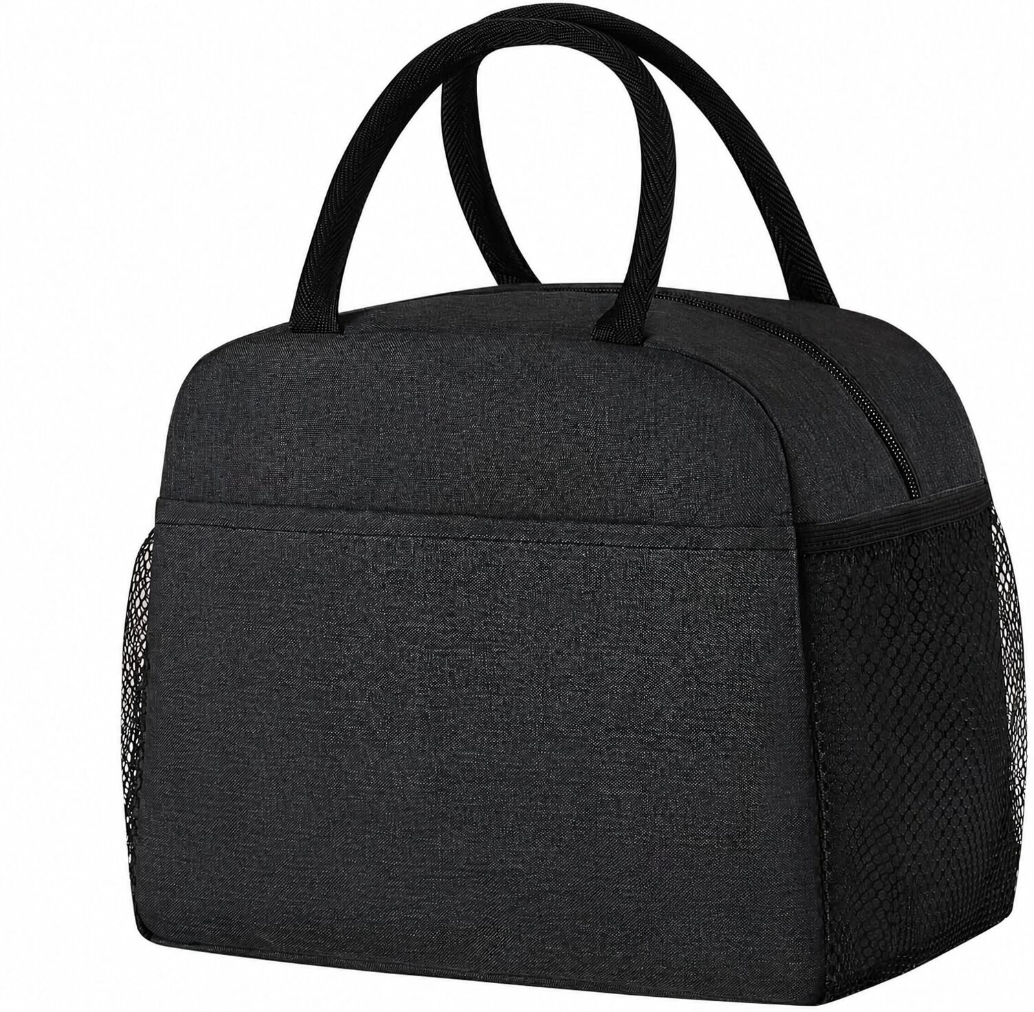 Black lunch bag with two carrying handles and a front pocket