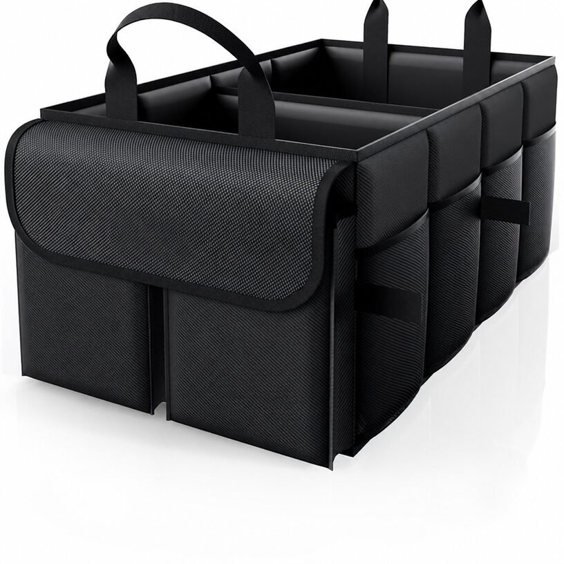 Black car trunk organizer with carrying handles and outer pockets