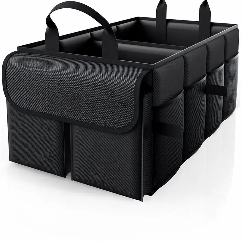 Black car trunk organizer with carrying handles and outer pockets