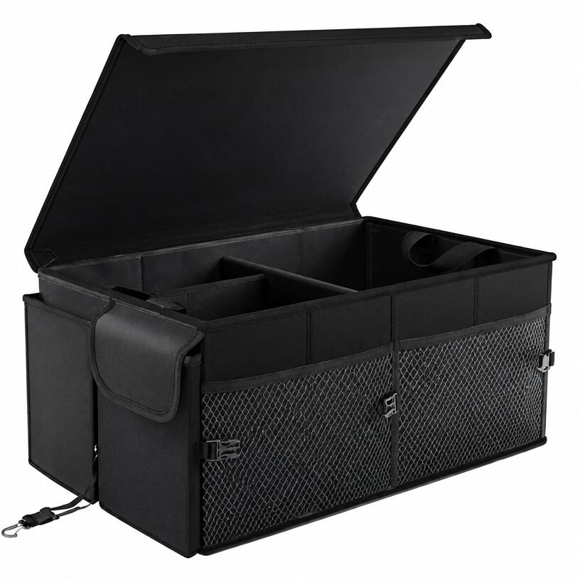 Black trunk organizer with an open lid and divided compartments
