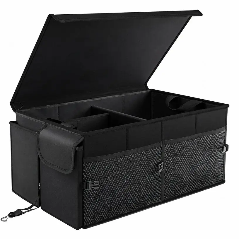 Black trunk organizer with an open lid and divided compartments