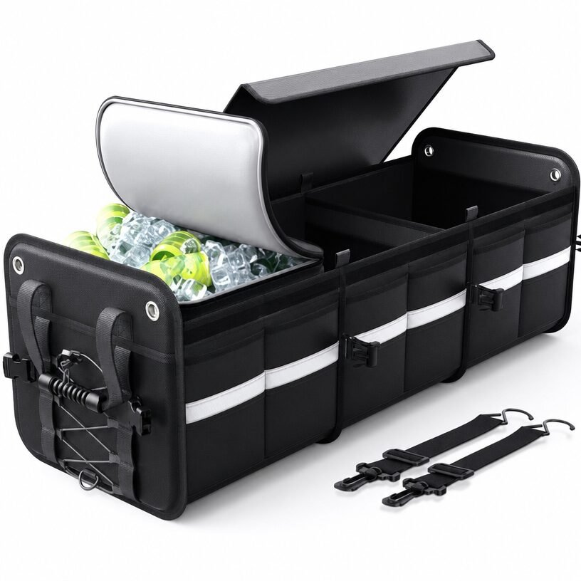 Trunk organizer with an open insulated compartment and removable straps