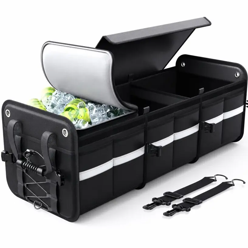 Trunk organizer with an open insulated compartment and removable straps
