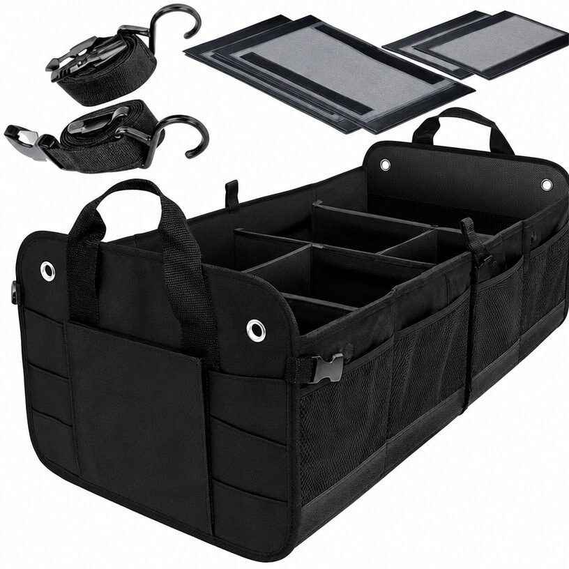 Black trunk organizer with dividers, straps and removable panels