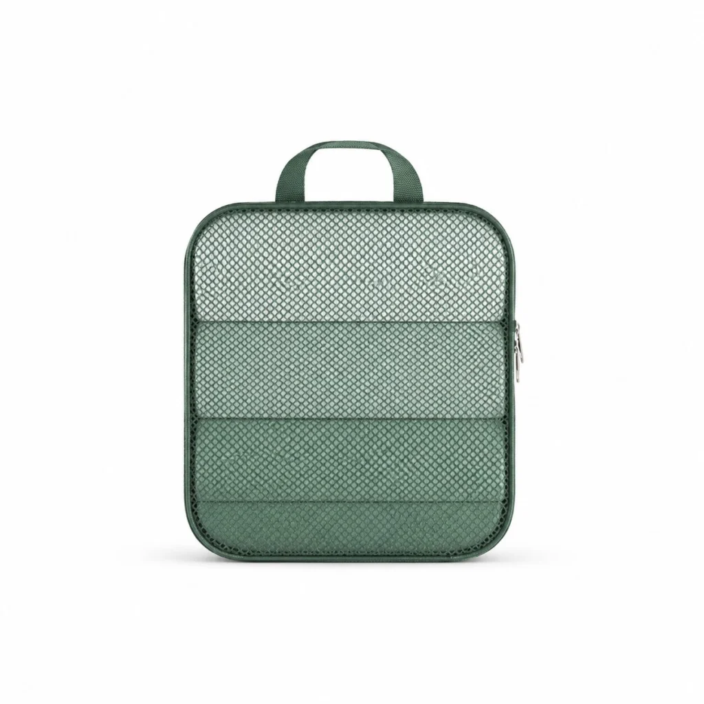 Compact green packing cube with mesh panels and a carry handle