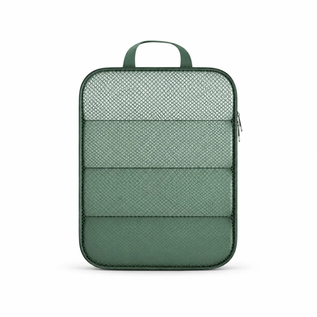 Small green packing cube with mesh panels and a carry handle
