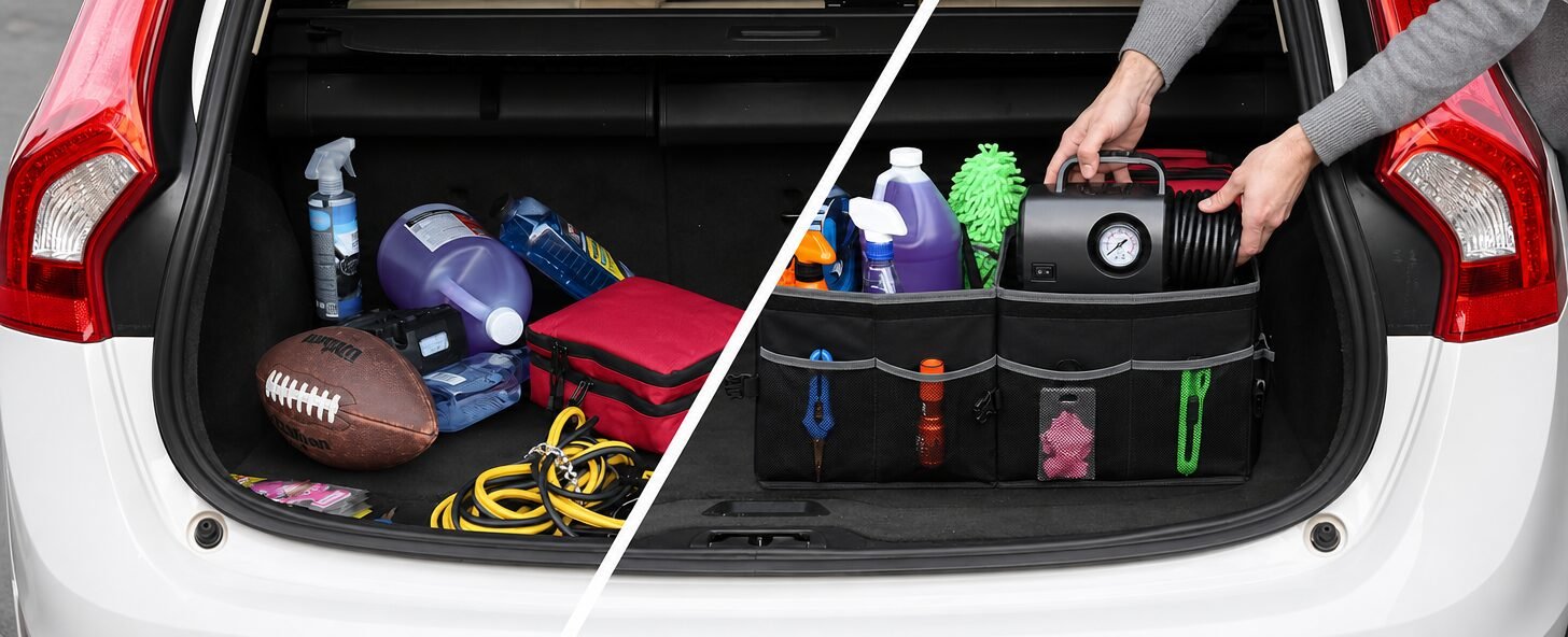 Large capacity organizer loaded with groceries and tools