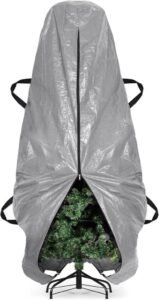 Upright Christmas tree cover around a tree on its stand with a vertical zipper opening