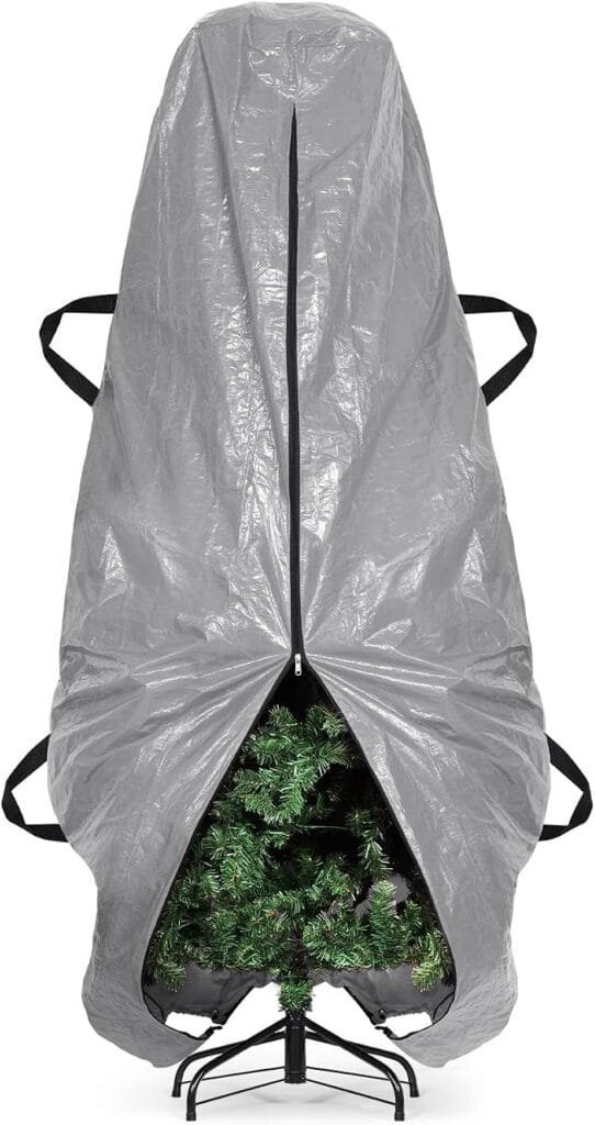 Upright Christmas tree cover around a tree on its stand with a vertical zipper opening